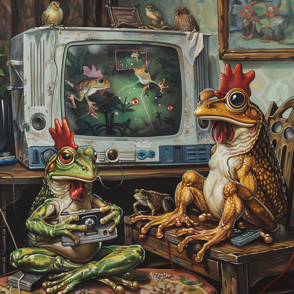 cyan_hyphen_e.com_chicken_frogs_playing_video_games_in_surreali_ce44dfcf-65c3-43f5-b28c-524ece595447