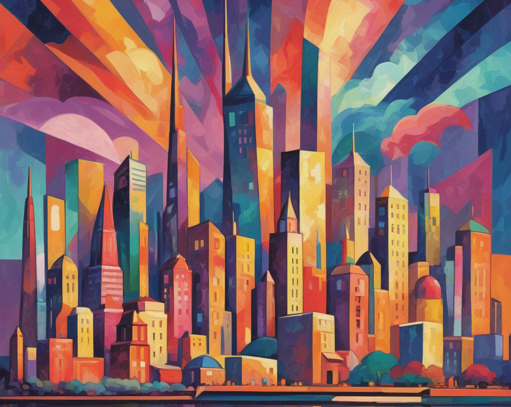 futuristic city skyline in cubism art style