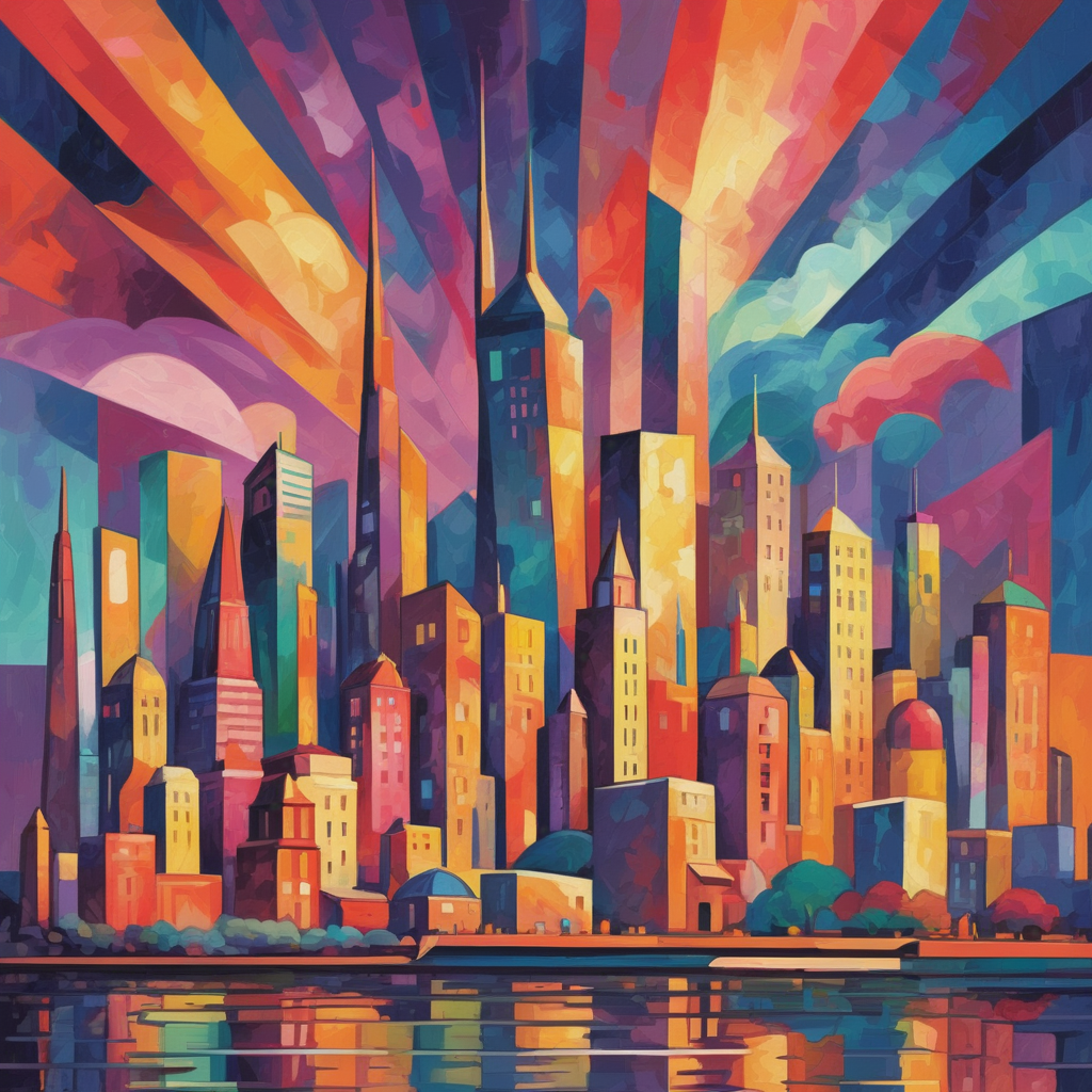 futuristic city skyline in cubism art style